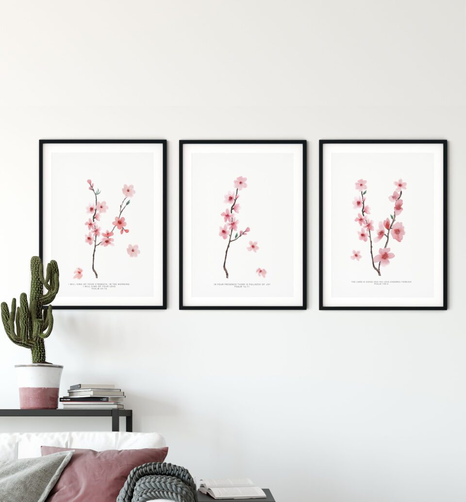 Cherry Blossom Botanical Psalms Print Set - Set Of Three Prints