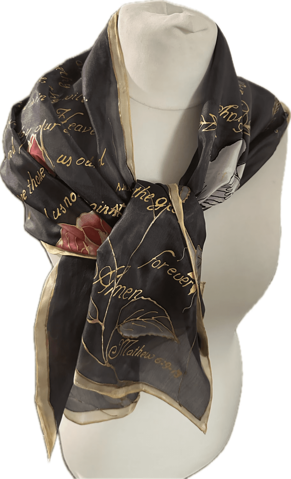 Hand-Painted Black Long Silk Scarf, The Lord’s Prayer, Roses Flowers & White Dove - Image 2