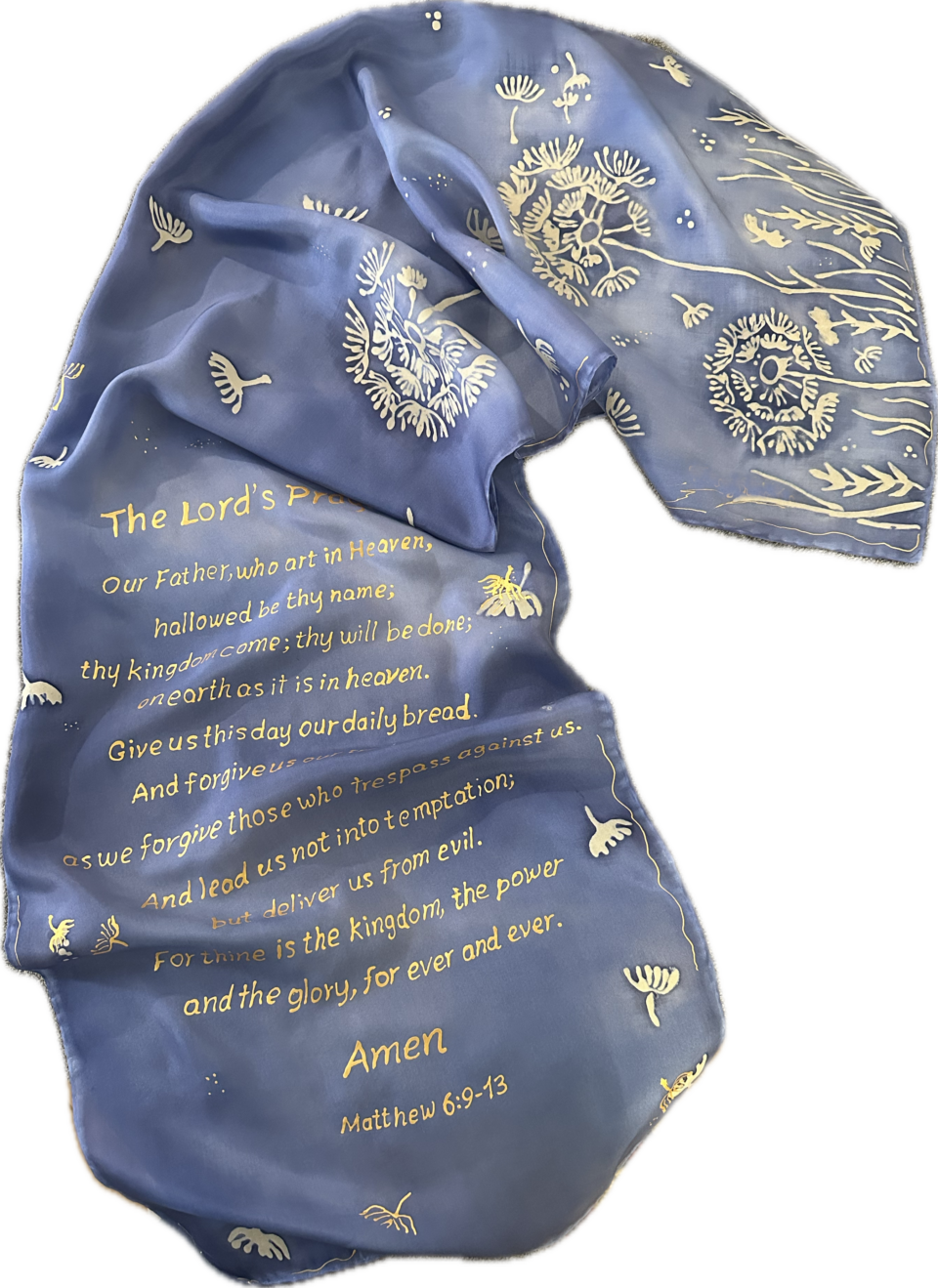 Hand-Painted Christian Blue Silk Scarf, The Lord's Prayer size 40cm x 150cm