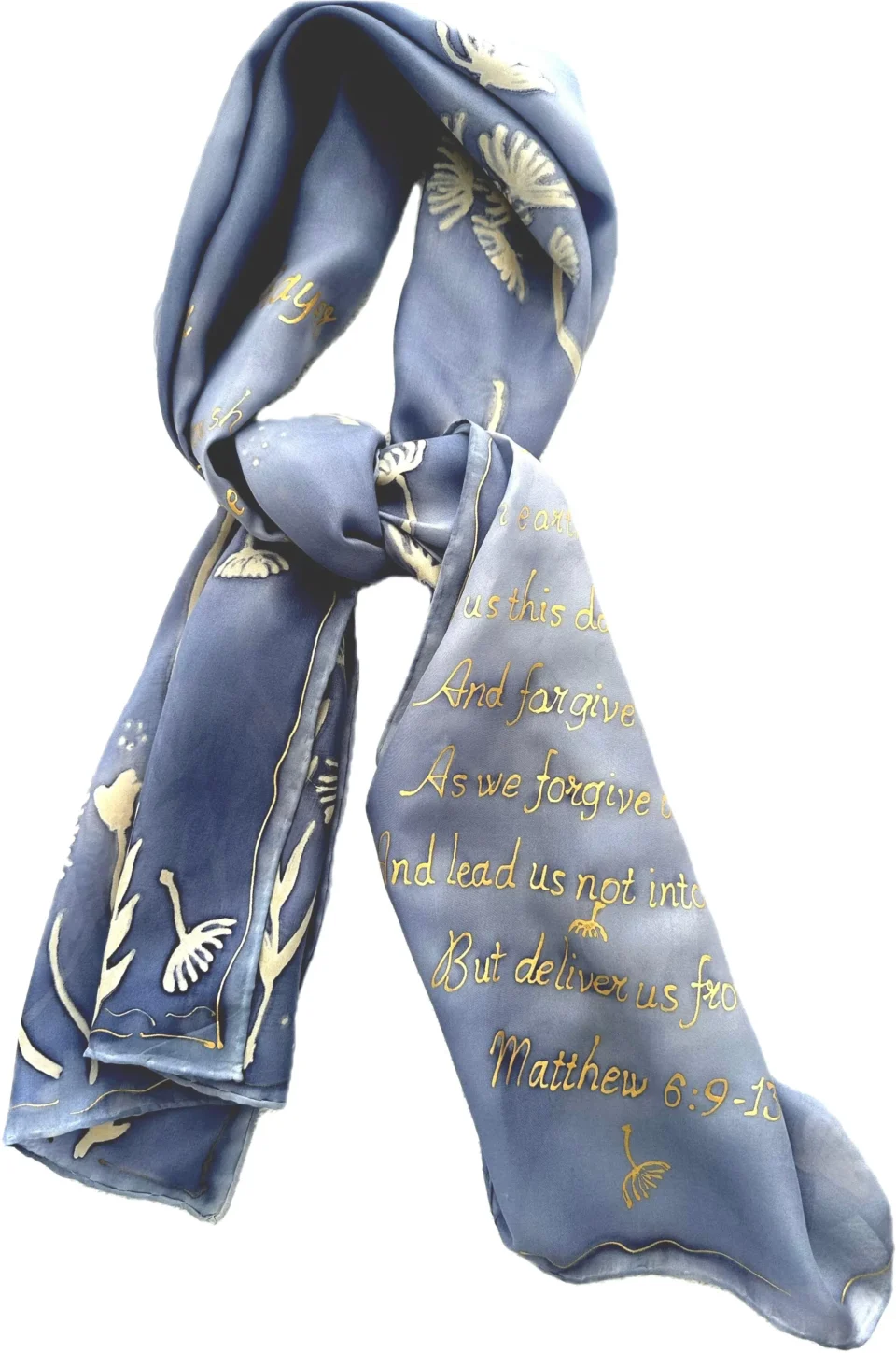 Hand-Painted Christian Blue Silk Scarf, The Lord's Prayer size 40cm x 150cm - Image 4